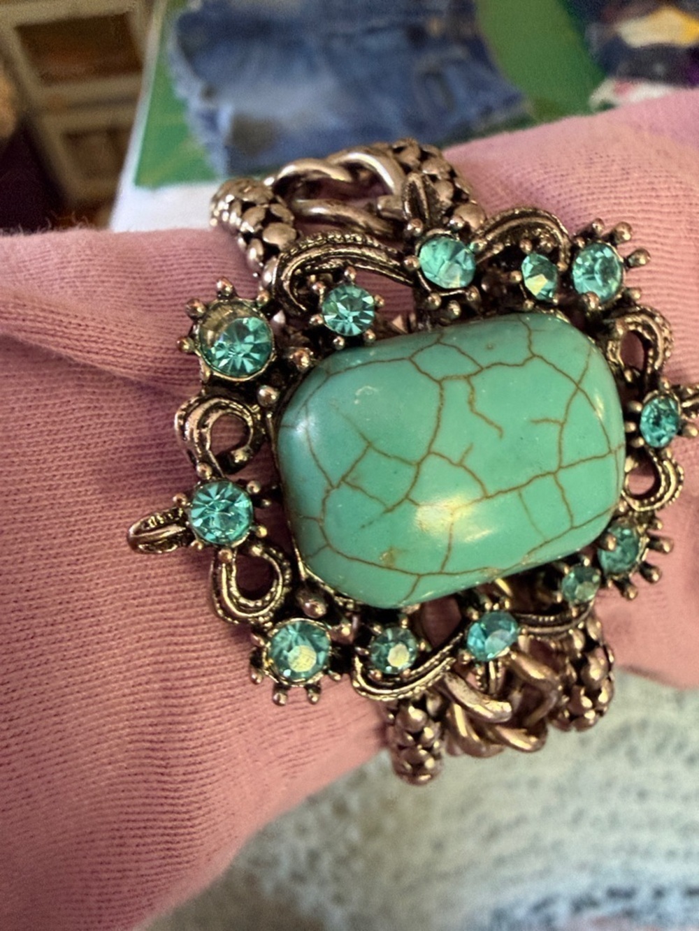 Silver Chain Bracelet Faux Turquoise 7 Inch